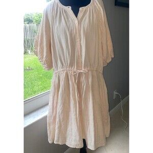 Old Navy Sz L 100% Yellow Cotton Puff Sleeve  Pockets Beachy Coastal Gauzy Soft